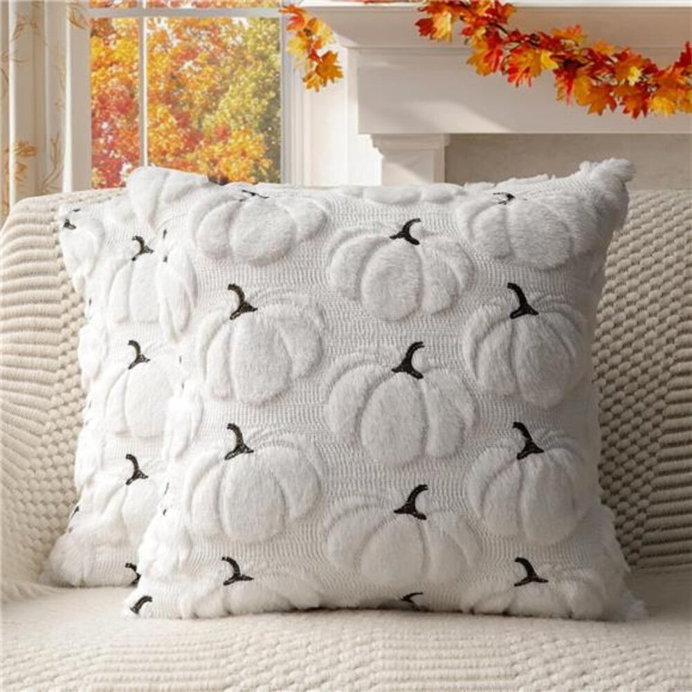4TH Emotion Fall Pumpkins Decorative Pillow Covers 18x18 Set of 2, White Soft
